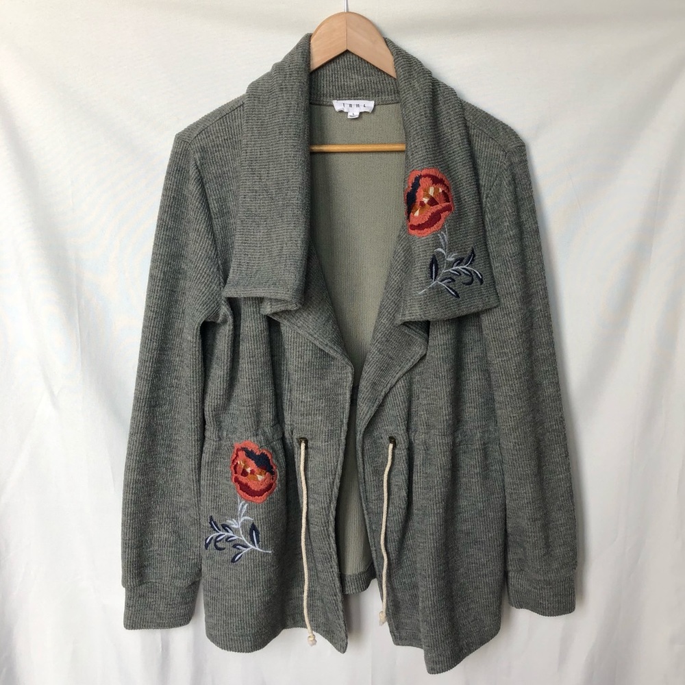THML Embroidered Open Front Waterfall Jacket with Waist Cinch